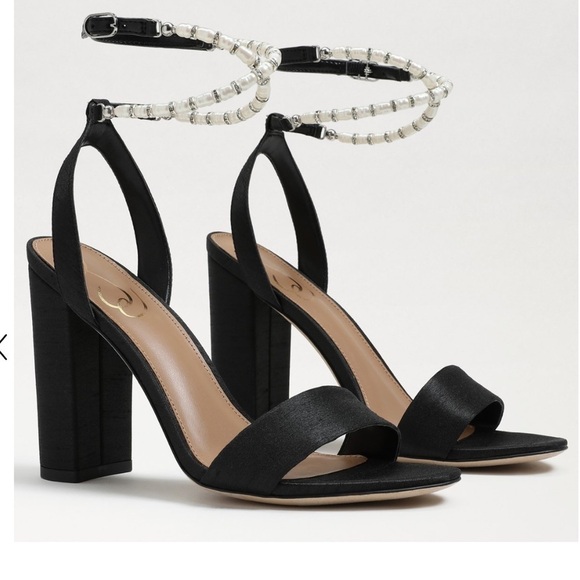 Sam Edelman Yanelli beaded ankle strap Modern black Silk Fabric block heel 7 1/2 - Picture 6 of 13